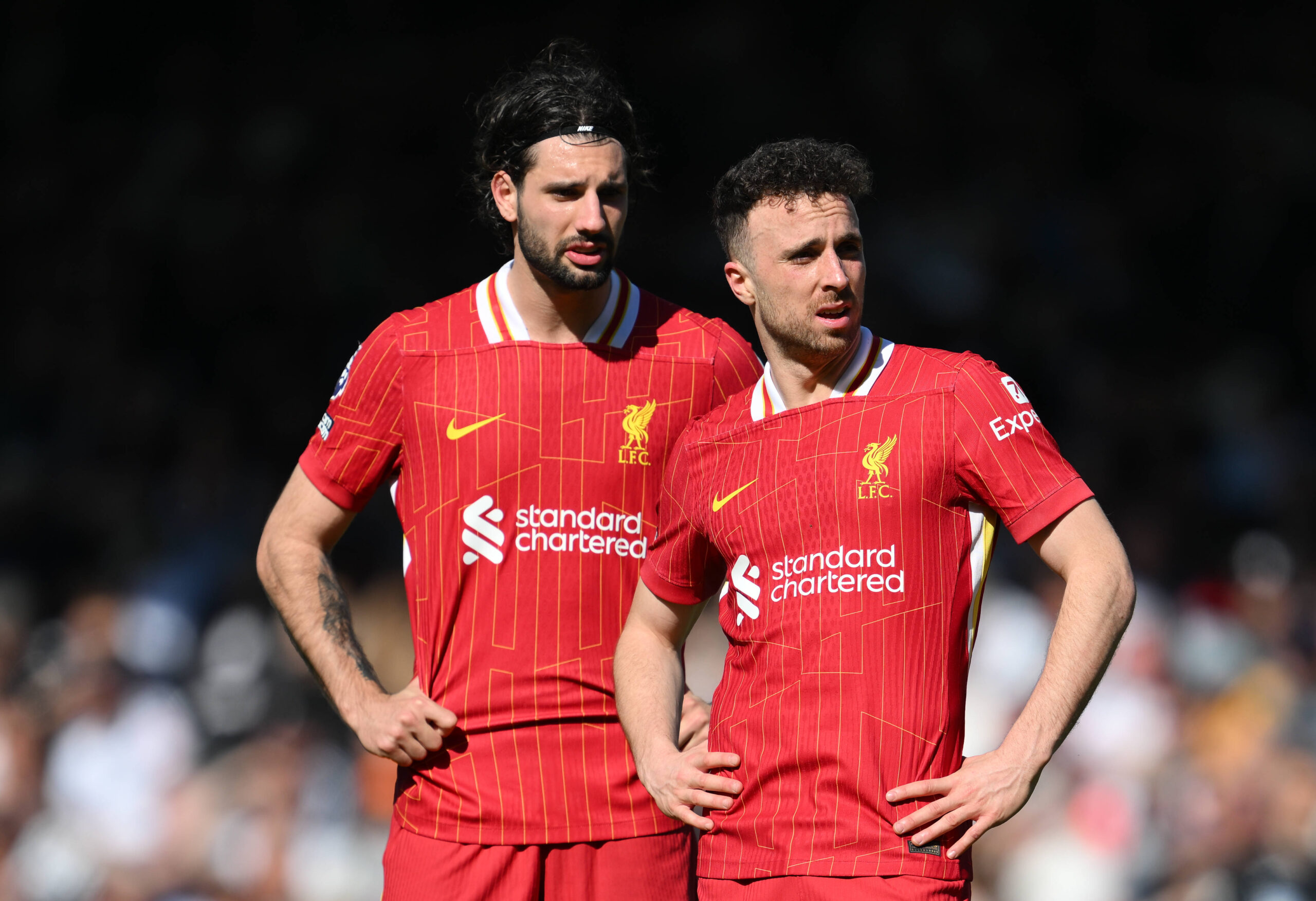 Football - 2024 / 2025 Premier League - Fulham vs Liverpool - Craven Cottage - Sunday 6th April 2025. Liverpool s Diogo Jota r with Dominik Szoboszlai. COLORSPORT / Ashley Western PUBLICATIONxNOTxINxUK
2025.04.06 Londyn
pilka nozna , liga angielska
Fulham - FC Liverpool
Foto IMAGO/PressFocus
!!! POLAND ONLY !!!