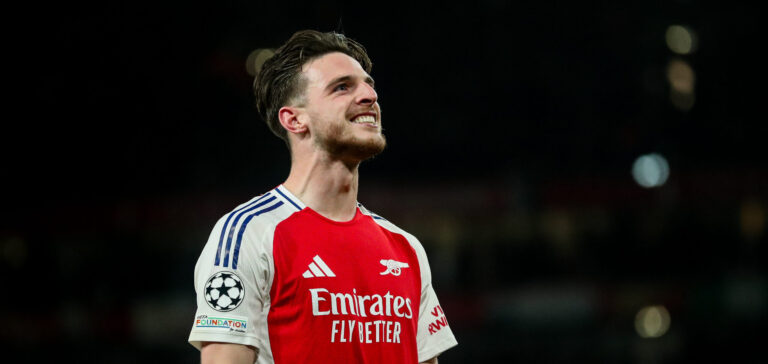 Declan Rice of Arsenal celebrates his goal to make it 1-0 during the UEFA Champions League Quarter-finals match Arsenal vs Real Madrid at Emirates Stadium, London, United Kingdom, 8th April 2025

(Photo by Izzy Poles/News Images) in London, United Kingdom on 4/8/2025. (Photo by Izzy Poles/News Images/Sipa USA)
2025.04.08 Londyn
pilka nozna liga mistrzow
Arsenal Londyn - Real Madryt
Foto News Images/SIPA USA/PressFocus

!!! POLAND ONLY !!!