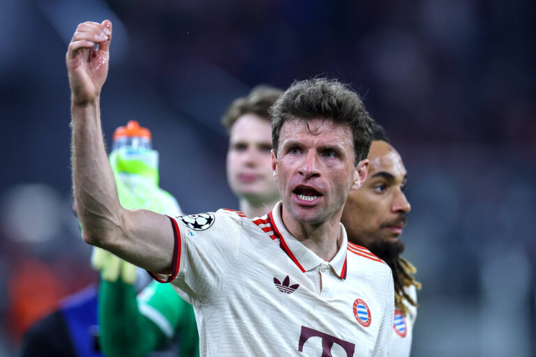 Fussball Champions League Viertelfinale FC Bayern Munchen - Inter Mailand am 08.04.2025 in der Allianz Arena in Munchen Thomas Muller  Munchen  *** Soccer Champions League quarter-final FC Bayern Munich Inter Milan on 08 04 2025 at the Allianz Arena in Munich Thomas Muller Munich xMSx
2025.04.08 Monachium
pilka nozna , liga mistrzow
Bayern Monachium - Inter Mediolan
Foto IMAGO/PressFocus

!!! POLAND ONLY !!!