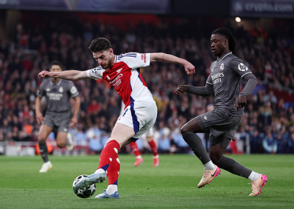 London, England, 8th April 2025. Declan Rice of Arsenal during the Arsenal vs Real Madrid UEFA Champions League match at the Emirates Stadium, London. Picture credit should read: David Klein / Sportimage EDITORIAL USE ONLY. No use with unauthorised audio, video, data, fixture lists, club/league logos or live services. Online in-match use limited to 120 images, no video emulation. No use in betting, games or single club/league/player publications. SPI_095_DK_Arsenal_Real_Madrid SPI-3819-0097
2025.04.08 Londyn
pilka nozna , Liga Mistrzow
Arsenal Londyn - Real Madryt
Foto IMAGO/PressFocus

!!! POLAND ONLY !!!