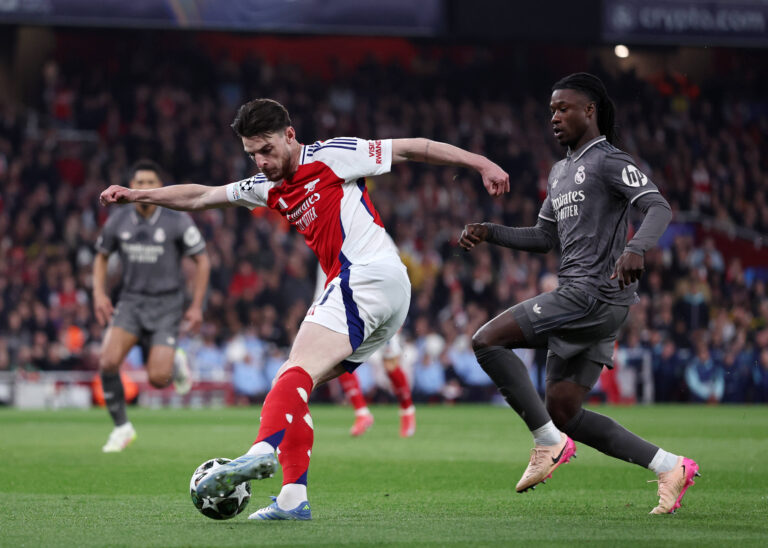 London, England, 8th April 2025. Declan Rice of Arsenal during the Arsenal vs Real Madrid UEFA Champions League match at the Emirates Stadium, London. Picture credit should read: David Klein / Sportimage EDITORIAL USE ONLY. No use with unauthorised audio, video, data, fixture lists, club/league logos or live services. Online in-match use limited to 120 images, no video emulation. No use in betting, games or single club/league/player publications. SPI_095_DK_Arsenal_Real_Madrid SPI-3819-0097
2025.04.08 Londyn
pilka nozna , Liga Mistrzow
Arsenal Londyn - Real Madryt
Foto IMAGO/PressFocus

!!! POLAND ONLY !!!