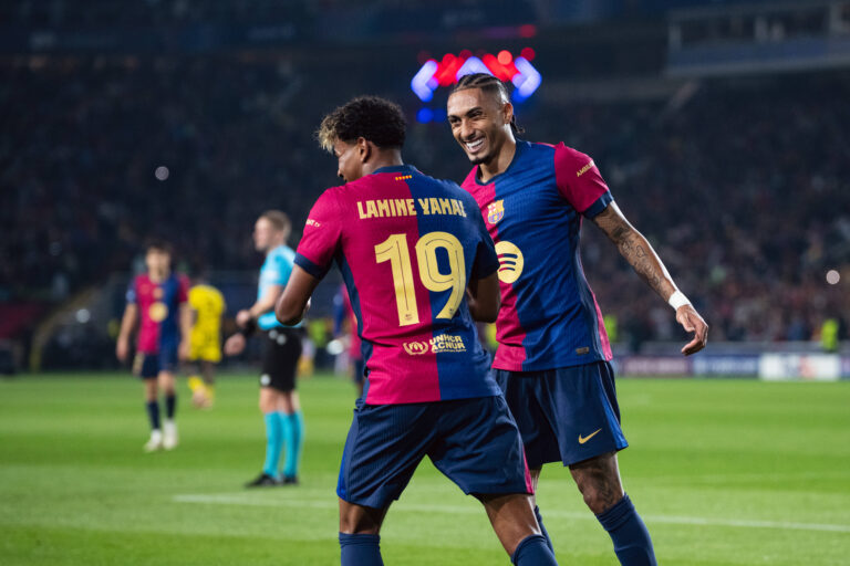 Spain-Football-Champions League - Quarters of Final First Leg - FC Barcelona, Barca v Borussia Dortmund in Barcelona, Spain. Barcelona, Spain, 9, April, 2025. Spain-Football-Champions League - Quarters of Final First Leg - FC Barcelona v Borussia Dortmund. 19 Lamine Yamal celebrates with 11 Raphinha the score of 9 Robert Lewandowski. Barcelona Olympic Stadium Lluis Companys Barcelona Spain
2025.04.09 Barcelona
pilka nozna , Liga Mistrzow
FC Barcelona - Borussia Dortmund
Foto IMAGO/PressFocus

!!! POLAND ONLY !!!