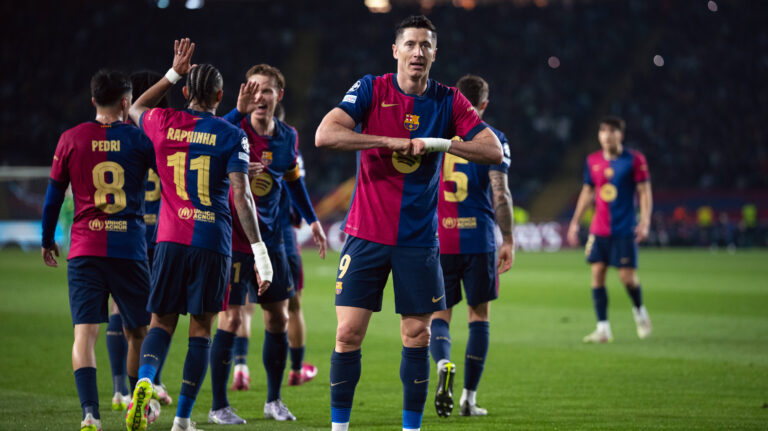 Spain-Football-Champions League - Quarters of Final First Leg - FC Barcelona, Barca v Borussia Dortmund in Barcelona, Spain. Barcelona, Spain, 9, April, 2025. Spain-Football-Champions League - Quarters of Final First Leg - FC Barcelona v Borussia Dortmund. 9 Robert Lewandowski celebrates his score. Barcelona Olympic Stadium Lluis Companys Barcelona Spain
2025.04.09 Barcelona
pilka nozna , Liga Mistrzow
FC Barcelona - Borussia Dortmund
Foto IMAGO/PressFocus

!!! POLAND ONLY !!!