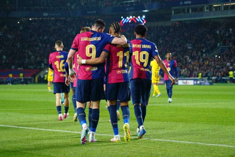 Robert Lewandowski of FC Barcelona celebrates after scoring goal with his teammates Raphael Dias Belloli Raphinha and Lamine Yamal of FC Barcelona during the UEFA Champions League match, Quarter-Finals, firs leg, between FC Barcelona and Borussia Dortmund played at Lluis Companys Stadium on April 9 2025 in Barcelona Spain. (Photo by Bagu Blanco / PRESSINPHOTO)
2025.04.10 Barcelona
pilka nozna liga mistrzow
FC Barcelona - Borussia Dortmund
Foto pressinphoto/SIPA USA/PressFocus

!!! POLAND ONLY !!!