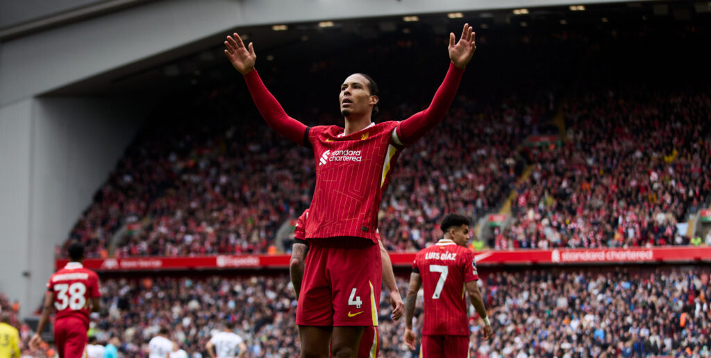 LIVERPOOL, ENGLAND - APRIL 13: Virgil van Dijk of Liverpool celebrates after scoring a goal (2-1) during the Premier League match between Liverpool FC and West Ham United FC at Anfield on April 13, 2025 in Liverpool, England.  (Kobie Abott/Sports Press Photo / SPP) (Photo by Kobie Abott/Sports Press Photo / SPP/Sipa USA)
2025.04.13 Liverpool
pilka nozna liga angielska
FC Liverpool - Everton
Foto SPP/SIPA USA/PressFocus

!!! POLAND ONLY !!!