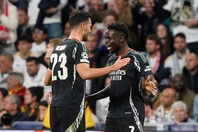 Arsenal FC&#039;s Mikel Merino (l) and Bukayo Saka celebrate goal during Champions League 2024/2025 Round of 8 2nd leg match. April 16,2025. (Photo by Acero/Alter Photos/Sipa USA)
2025.04.16 Madryt
pilka nozna liga mistrzow
Real Madryt - Arsenal Londyn
Foto Alter Photos/SIPA USA/PressFocus

!!! POLAND ONLY !!!