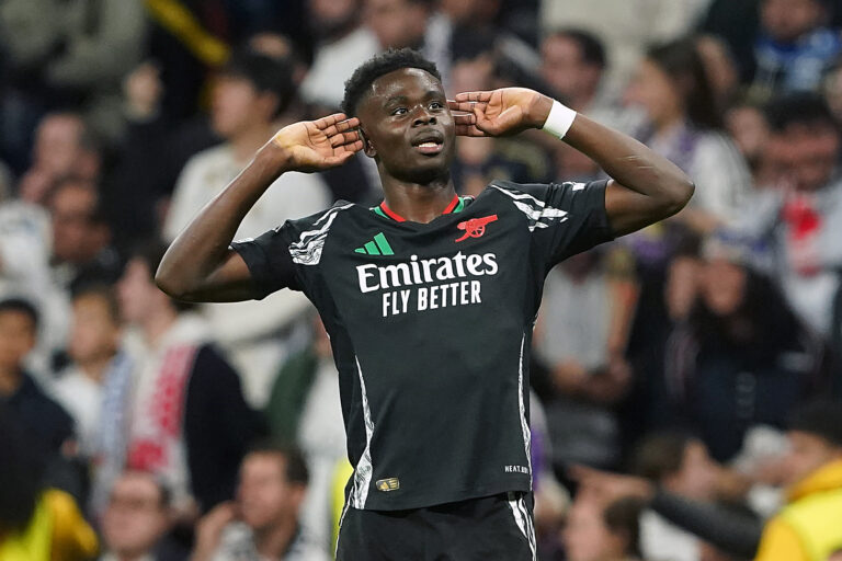 Arsenal FC&#039;s Bukayo Saka celebrates goal during Champions League 2024/2025 Round of 8 2nd leg match. April 16,2025. (Photo by Acero/Alter Photos/Sipa USA)
2025.04.16 Madryt
pilka nozna liga mistrzow
Real Madryt - Arsenal Londyn
Foto Alter Photos/SIPA USA/PressFocus

!!! POLAND ONLY !!!
