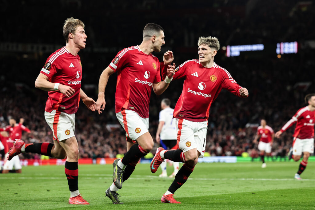 Diogo Dalot of Manchester United celebrates his goal to make it 2-0 during the UEFA Europa League Quarter-finals match Manchester United vs Lyon at Old Trafford, Manchester, United Kingdom, 17th April 2025

(Photo by Mark Cosgrove/News Images) in Manchester, United Kingdom on 4/17/2025. (Photo by Mark Cosgrove/News Images/Sipa USA)
2025.04.17 Manchester
pilka nozna liga europy
Manchester United - Olympique Lyon
Foto News Images/SIPA USA/PressFocus

!!! POLAND ONLY !!!