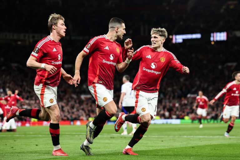 Diogo Dalot of Manchester United celebrates his goal to make it 2-0 during the UEFA Europa League Quarter-finals match Manchester United vs Lyon at Old Trafford, Manchester, United Kingdom, 17th April 2025

(Photo by Mark Cosgrove/News Images) in Manchester, United Kingdom on 4/17/2025. (Photo by Mark Cosgrove/News Images/Sipa USA)
2025.04.17 Manchester
pilka nozna liga europy
Manchester United - Olympique Lyon
Foto News Images/SIPA USA/PressFocus

!!! POLAND ONLY !!!