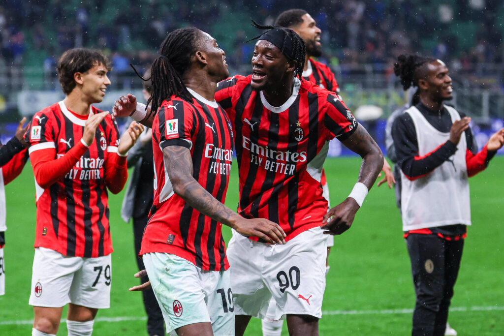FC Internazionale vs AC Milan - Coppa Italia 2024/25 Semi Final - 2st Leg - 23/04/2025 R-L Tammy Abraham of AC Milan celebrates the victory at the end of the match with Rafael Leao of AC Milan during Coppa Italia 2024/25 Semi Final - 2st Leg football match between FC Internazionale and AC Milan at San Siro Stadium *** FC Internazionale vs AC Milan Coppa Italia 2024 25 Semi Final 2st Leg 23 04 2025 R L Tammy Abraham of AC Milan celebrates the victory at the end of the match with Rafael Leao of AC Milan during Coppa Italia 2024 25 Semi Final 2st Leg football match between FC Internazionale and AC Milan at San Siro Stadium Copyright: xBEAUTIFULxSPORTS/Carabellix
2025.04.23 Mediolan
pilka nozna , Puchar Wloch
Inter Mediolan - AC Milan
Foto IMAGO/PressFocus

!!! POLAND ONLY !!!