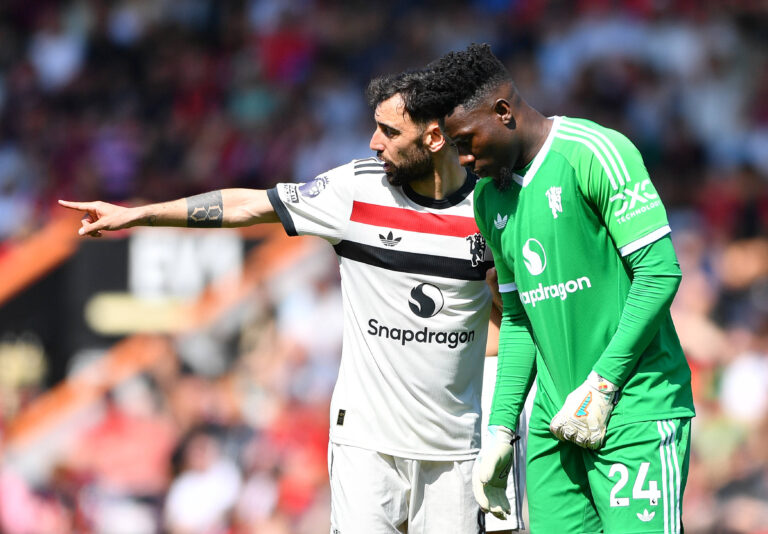 AFC Bournemouth v Manchester United, ManU Premier League, Football, Vitality Stadium, Bournemouth, Dorset, UK - 27 Apr 2025 Bruno Fernandes of Manchester United gives Andre Onana of Manchester United instructions Bournemouth Vitality Stadium Dorset GBR, UK NEWSPAPERS OUT Copyright: xMarkxEnfieldx
2025.04.27 Bournemouth
pilka nozna , liga angielska
AFC Bournemouth - Manchester United
Foto IMAGO/PressFocus
!!! POLAND ONLY !!!