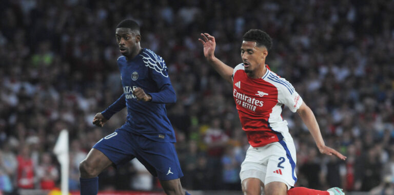 Football - 2024 / 2025 UEFA Champions League - Semi-Finals - First Leg - Arsenal vs Paris St Germain - Emirates Stadium - Tuesday 29th April 2025. Ousmane Dembele of PSG and William Saliba of Arsenal PUBLICATIONxNOTxINxUK
2025.04.29 Londyn
pilka nozna , liga mistrzow
Arsenal Londyn - Paris Saint-Germain
Foto IMAGO/PressFocus
!!! POLAND ONLY !!!