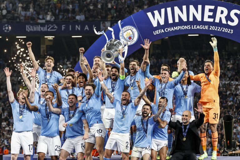ISTANBUL - Ilkay Gundogan of Manchester City FC lifts the UEFA Champions League trophy, Coupe des clubs Champions Europeens, Kyle Walker of Manchester City FC, Ruben Dias of Manchester City FC, Kalvin Phillips of Manchester City FC, John Stones of Manchester City FC, Nathan Ake of Manchester City FC, Ilkay Gundogan of Manchester City FC, Erling Haaland of Manchester City FC, Jack Grealish of Manchester City FC, Aymeric Laporte of Manchester City FC, Rodri of Manchester City FC, Kevin De Bruyne of Manchester City FC, Manchester City FC goalkeeper Stefan Ortega, Julian Alvarez of Manchester City FC, Bernardo Silva of Manchester City FC, Sergio Gomez of Manchester City FC, Manuel Akanji of Manchester City FC, Riyad Mahrez of Manchester City FC, Manchester City FC goalkeeper Ederson, Maximo Perrone of Manchester City FC, Manchester City FC goalkeeper Scott Carson, Phil Foden of Manchester City FC, Cole Palmer of Manchester City FC, Rico Lewis of Manchester City FC, Manchester City FC, coach Pep Guardiola with UEFA Champions League trophy, Coupe des clubs Champions Europeans na outcome of the UEFA Champions League Final between Manchester City FC and FC Inter Milan at Ataturk Olympic Stadium on June 10, 2023 in Istanbul, Turkey. AP | Dutch Height | MAURICE OF STONE /ANP/Sipa USA
2023.06.10 Stambul
pilka nozna liga mistrzow
Manchester City - Inter Mediolan
Foto ANP/SIPA USA/PressFocus

!!! POLAND ONLY !!!