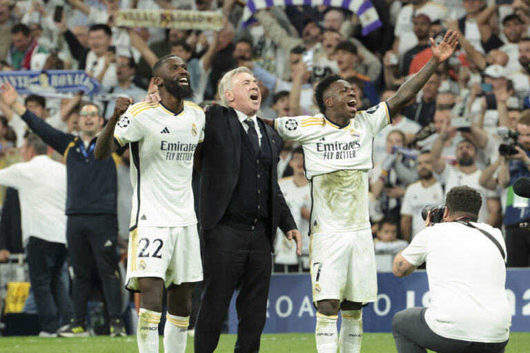 Antonio Rudiger, coach of Real Madrid Carlo Ancelotti, Vinicius Jr celebrate the victory following the UEFA Champions League, Semi-finals, 2nd leg football match between Real Madrid and Bayern Munich on May 8, 2024 at Santiago Bernabeu stadium in Madrid, Spain (Photo by /Sipa USA)
2024.05.08 -
pilka nozna liga mistrzow
Real Madryt - Bayern Monachium
Foto IPA/SIPA USA/PressFocus
!!! POLAND ONLY !!!