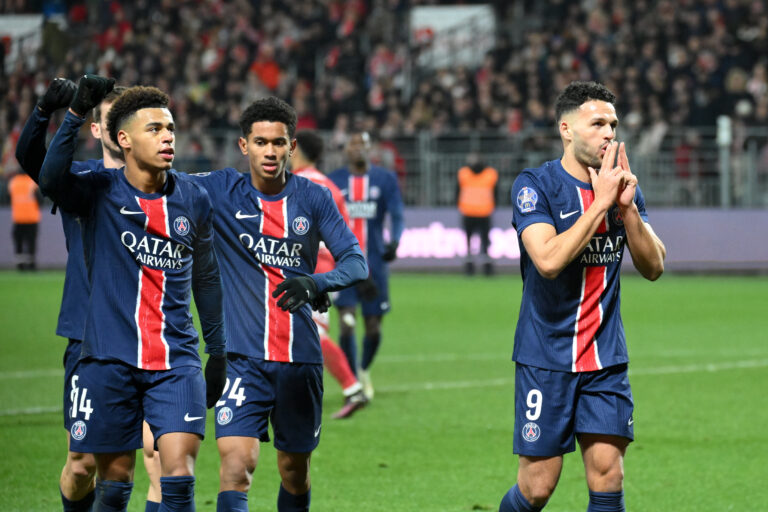 24 Senny MAYULU (psg) - 14 Desire DOUE (psg) - 09 Goncalo MATIAS RAMOS (psg) during the Ligue 1 McDonald&#039;s match between Brest and Paris at Stade Francis-Le Ble on February 1, 2025 in Brest, France. (Photo by Christophe Saidi/FEP/Icon Sport/Sipa USA)
2025.02.01 Brest
pilka nozna liga francuska
Stade Brestois 29 - Paris Saint-Germain
Foto Icon Sport/SIPA USA/PressFocus

!!! POLAND ONLY !!!