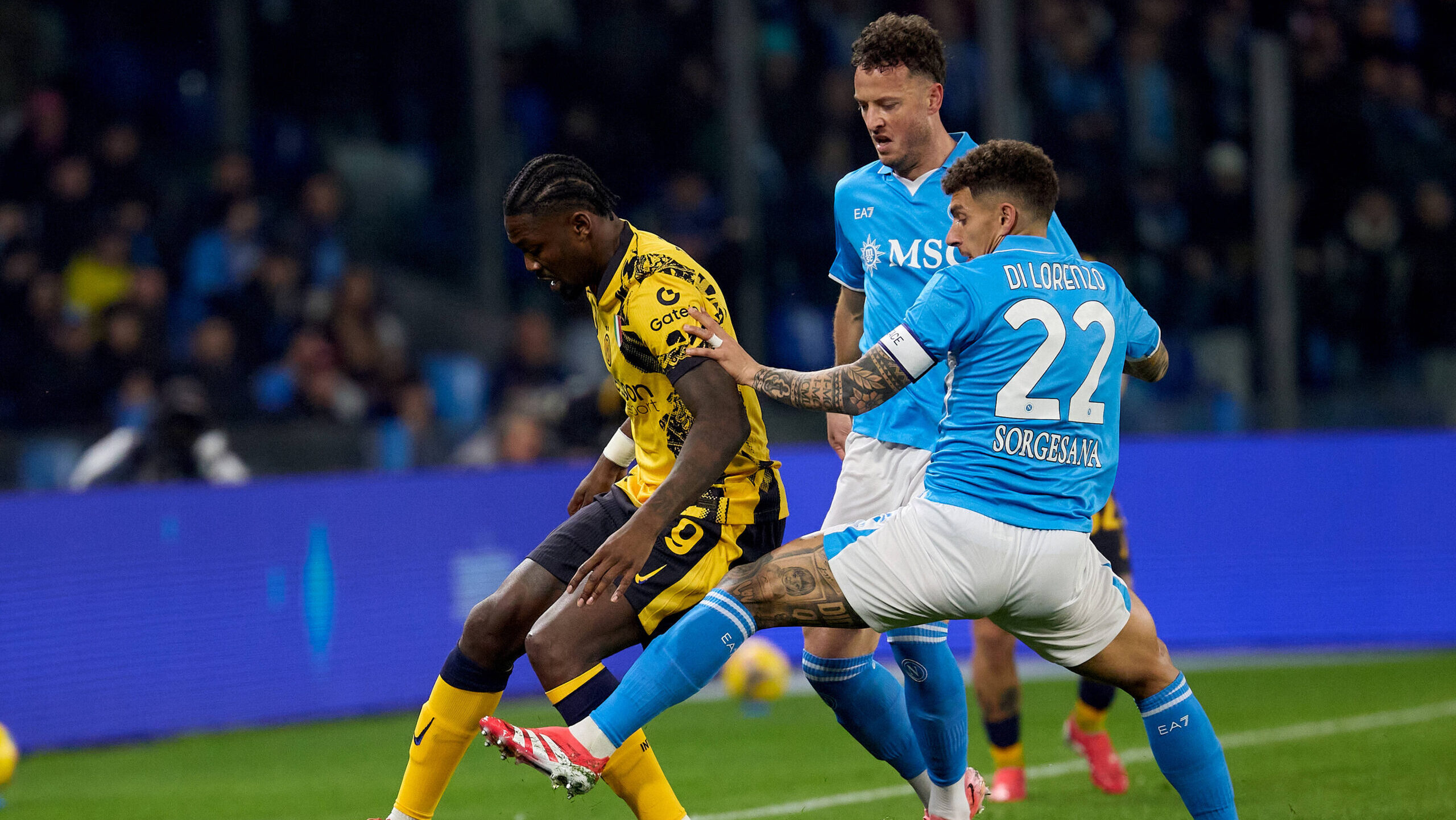 NAPLES, ITALY, MARCH 01: Marcus Thuram left of FC Internazionale is closely challenged by Giovanni di Lorenzo of SSC Napoli during the Serie A soccer match between SSC Napoli and FC Internazionale at the Diego Armando Stadium, in Naples, Italy, on March 01, 2025. SSC Napoli v FA Internazionale Milan - Serie A
2025.03.01 Neapol
pilka nozna , liga wloska
SSC Napoli - Inter Mediolan
Foto IMAGO/PressFocus
!!! POLAND ONLY !!!