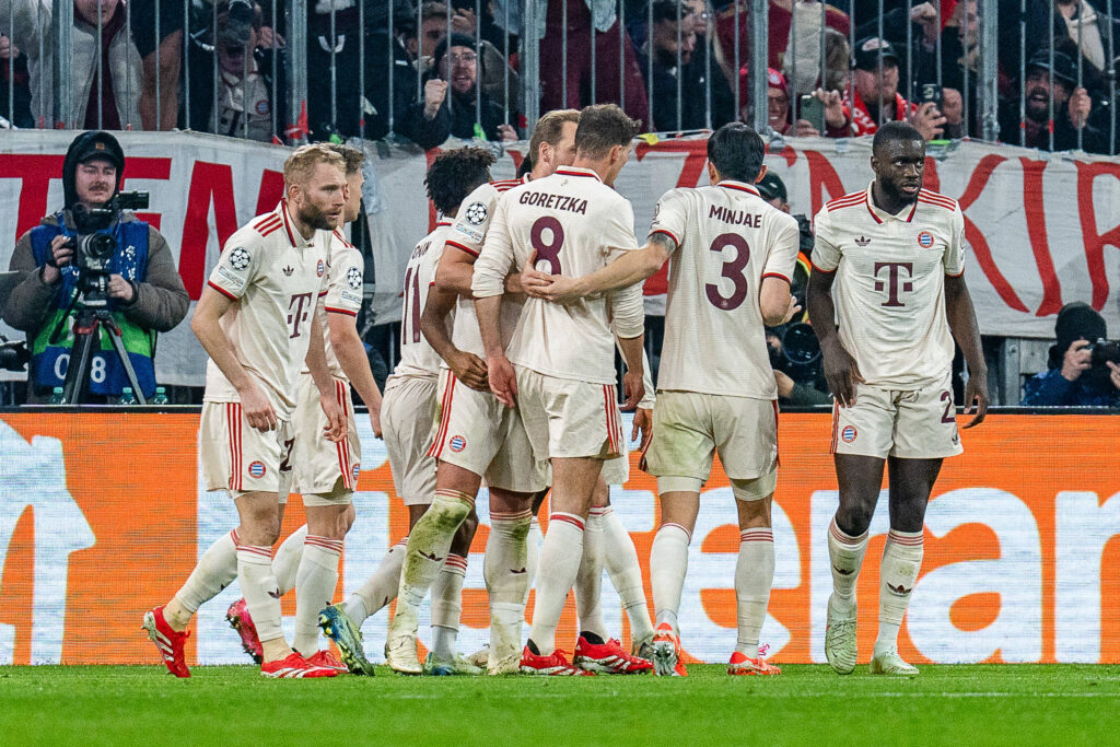 05.03.2025, FC Bayern Munchen vs. Bayer Leverkusen, UEFA Champions League, Achtelfinale-Hinspiel Tor zum 2:0 durch Jamal Musiala FC Bayern Muenchen, 42 Dayot Upamecano FC Bayern Muenchen, 2 Minjae Kim FC Bayern Muenchen, 3 Leon Goretzka FC Bayern Muenchen, 8 Harry Kane FC Bayern Muenchen, 9 Konrad Laimer FC Bayern Muenchen, 27 *** 05 03 2025, FC Bayern Munchen vs Bayer Leverkusen, UEFA Champions League, round of 16 first leg goal for 2-0 by Jamal Musiala FC Bayern Muenchen, 42 Dayot Upamecano FC Bayern Muenchen, 2 Minjae Kim FC Bayern Muenchen, 3 Leon Goretzka FC Bayern Muenchen, 8 Harry Kane FC Bayern Muenchen, 9 Konrad Laimer FC Bayern Muenchen, 27 Copyright: xBahhoxKarax
2025.03.05 Monachium
pilka nozna , Liga Mistrzow
Bayern Monachium - Bayer 04 Leverkusen
Foto IMAGO/PressFocus

!!! POLAND ONLY !!!