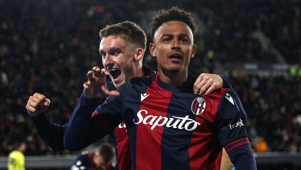 Mf Bologna 07/04/2025 - campionato di calcio serie A / Bologna-Napoli / foto Michele Finessi/Image nella foto: esultanza gol Dan Ndoye PUBLICATIONxNOTxINxITA
2025.04.07 Bolonia
pilka nozna , liga wloska
Bologna FC - SSC Napoli
Foto IMAGO/PressFocus

!!! POLAND ONLY !!!