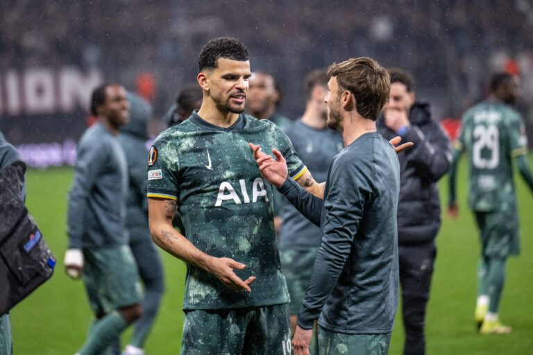 Eintracht Frankfurt v Tottenham Hotspur, UEFA Europa League football, Frankfurt, Germany Frankfurt, Germany. 17th, April 2025. Dominic Solanke L of Tottenham Hotspur seen in celebration with James Maddison R after the UEFA Europa League match between Eintracht Frankfurt and Tottenham Hotspur at the Deutsche Bank Park in Frankfurt. Germany, Frankfurt PUBLICATIONxNOTxINxDENxNORxFINxBEL Copyright: xGonzalesxPhoto/FrederikkexJensenx
2025.04.18 Frankfurt
pilka nozna , Liga Europy
Eintracht Frankfurt - Tottenham Hotspur 
Foto IMAGO/PressFocus

!!! POLAND ONLY !!!