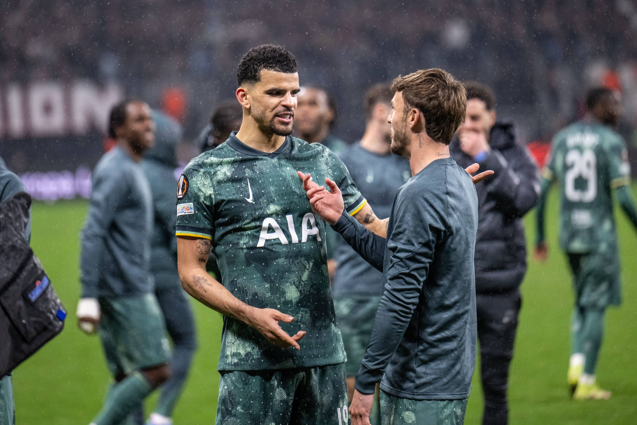 Eintracht Frankfurt v Tottenham Hotspur, UEFA Europa League football, Frankfurt, Germany Frankfurt, Germany. 17th, April 2025. Dominic Solanke L of Tottenham Hotspur seen in celebration with James Maddison R after the UEFA Europa League match between Eintracht Frankfurt and Tottenham Hotspur at the Deutsche Bank Park in Frankfurt. Germany, Frankfurt PUBLICATIONxNOTxINxDENxNORxFINxBEL Copyright: xGonzalesxPhoto/FrederikkexJensenx
2025.04.18 Frankfurt
pilka nozna , Liga Europy
Eintracht Frankfurt - Tottenham Hotspur 
Foto IMAGO/PressFocus

!!! POLAND ONLY !!!