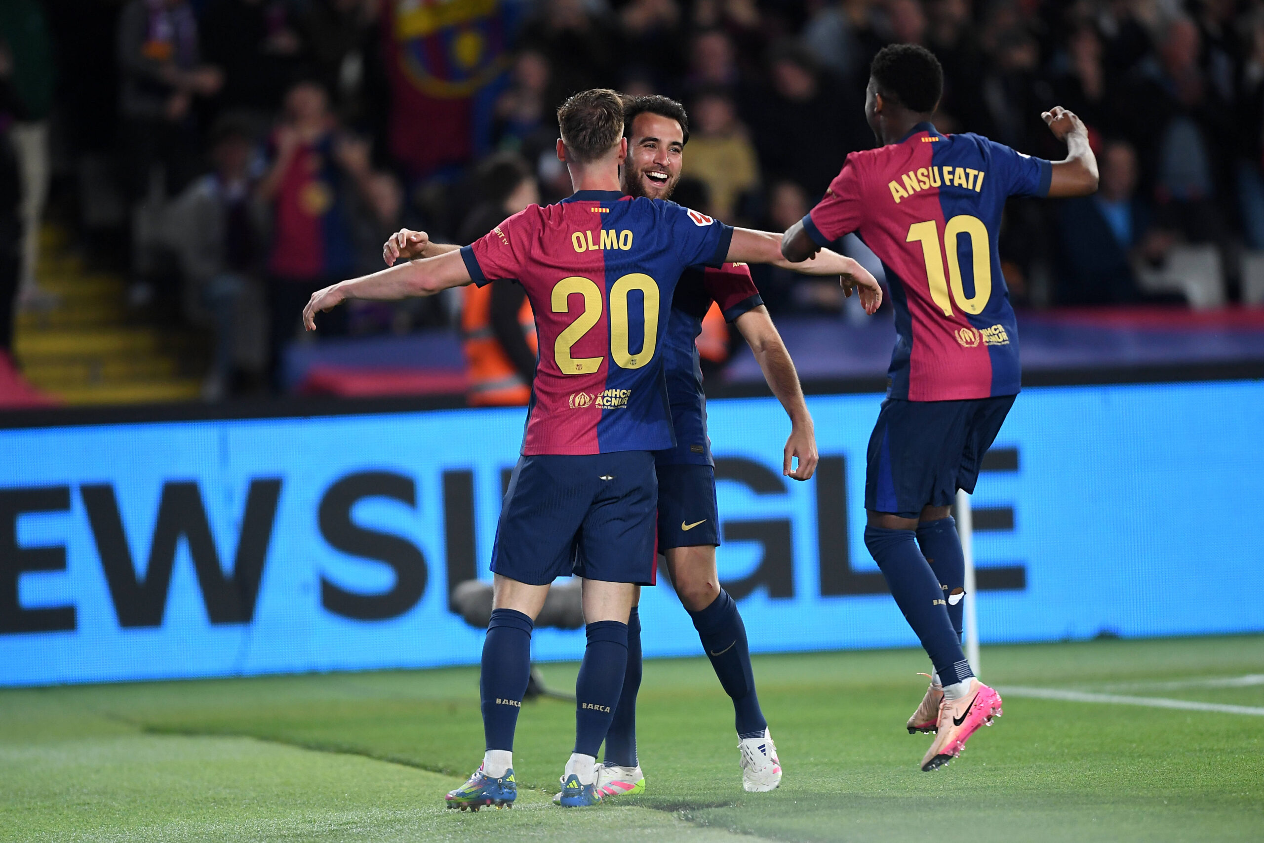 FC Barcelona, Barca v RCD MALLORCA OLIMPIC STADIUM LLUIS COMPANYS. MONTJUIC,BARCELONA. April 22, 2025 FC BARCELONA vs RCD MALLORCA April 22 ,2025 Dani Olmo 20 of FC Barcelona celebrates scoring his team s first goal with Eric Garcia 24 of FC Barcelona and Ansu Fati 10 of FC Barcelona during the match between FC Barcelona and RCD Mallorca corresponding to the thirty-three day of La Liga EA Sports at at Olimpic Stadium Lluis Companys of Montjuic in Barcelona, Spain. Barcelona ESP Copyright: xS.xRosx
2025.04.22 Barcelona
pilka nozna , liga hiszpanska
FC Barcelona - RCD Mallorca
Foto IMAGO/PressFocus

!!! POLAND ONLY !!!