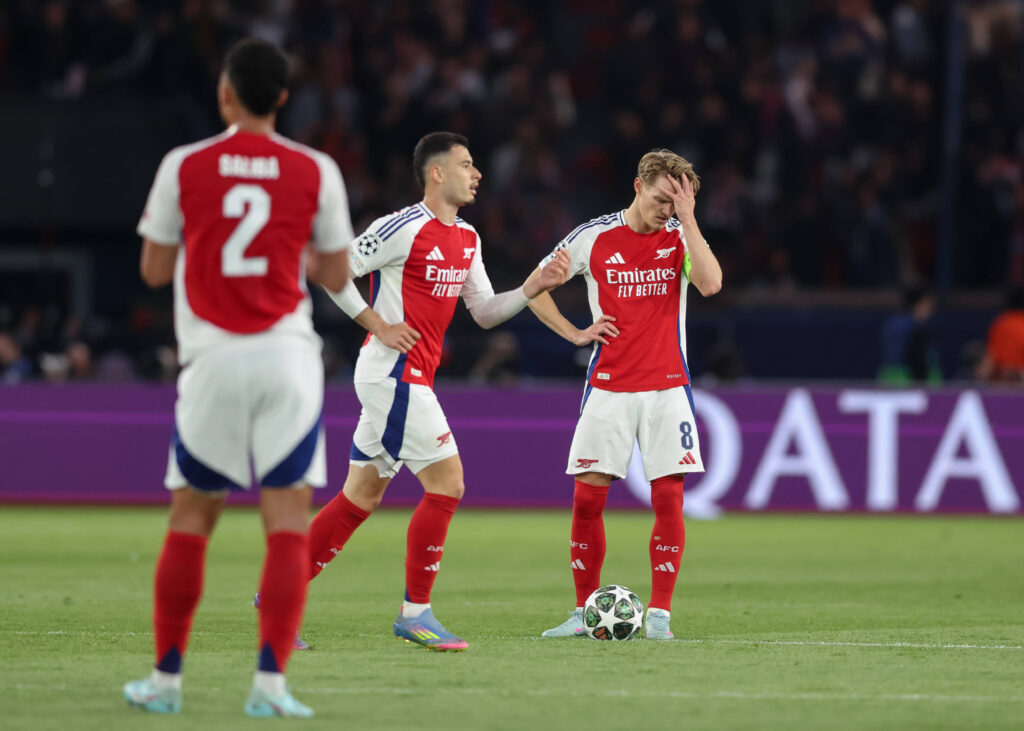 Paris, France, 7th May 2025. Martin Odegaard of Arsenal reacts as his side concede their first goal during the Paris Saint Germain vs Arsenal UEFA Champions League match at Le Parc des Princes, Paris. Picture credit should read: David Klein / Sportimage EDITORIAL USE ONLY. No use with unauthorised audio, video, data, fixture lists, club/league logos or live services. Online in-match use limited to 120 images, no video emulation. No use in betting, games or single club/league/player publications. SPI_033_DK_PARIS_ST_GERMAIN_V_ARSENAL SPI-3913-0032
2025.05.07 Paryz
pilka nozna liga mistrzow
PSG - Arsenal Londyn
Foto IMAGO/PressFocus

!!! POLAND ONLY !!!