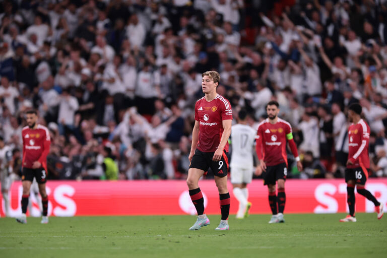 Bilbao, Spain, 21st May 2025. Rasmus Hojlund of Manchester United, ManU FC reacts after Brennan Johnson of Tottenham Hotspur FC scored to give the side a 1-0 lead during the Tottenham Hotspur vs Manchester United UEFA Europa League Final match at San Mames, Bilbao. Picture credit should read: Jonathan Moscrop / Sportimage EDITORIAL USE ONLY. No use with unauthorised audio, video, data, fixture lists, club/league logos or live services. Online in-match use limited to 120 images, no video emulation. No use in betting, games or single club/league/player publications. SPI_009_JM_TOTTENHAM_MANUTD_UEL_ SPI-3950-0009
2025.05.21 Bilbao
pilka nozna , Liga Europy , final
Tottenham Hotspur - Manchester United
Foto IMAGO/PressFocus

!!! POLAND ONLY !!!