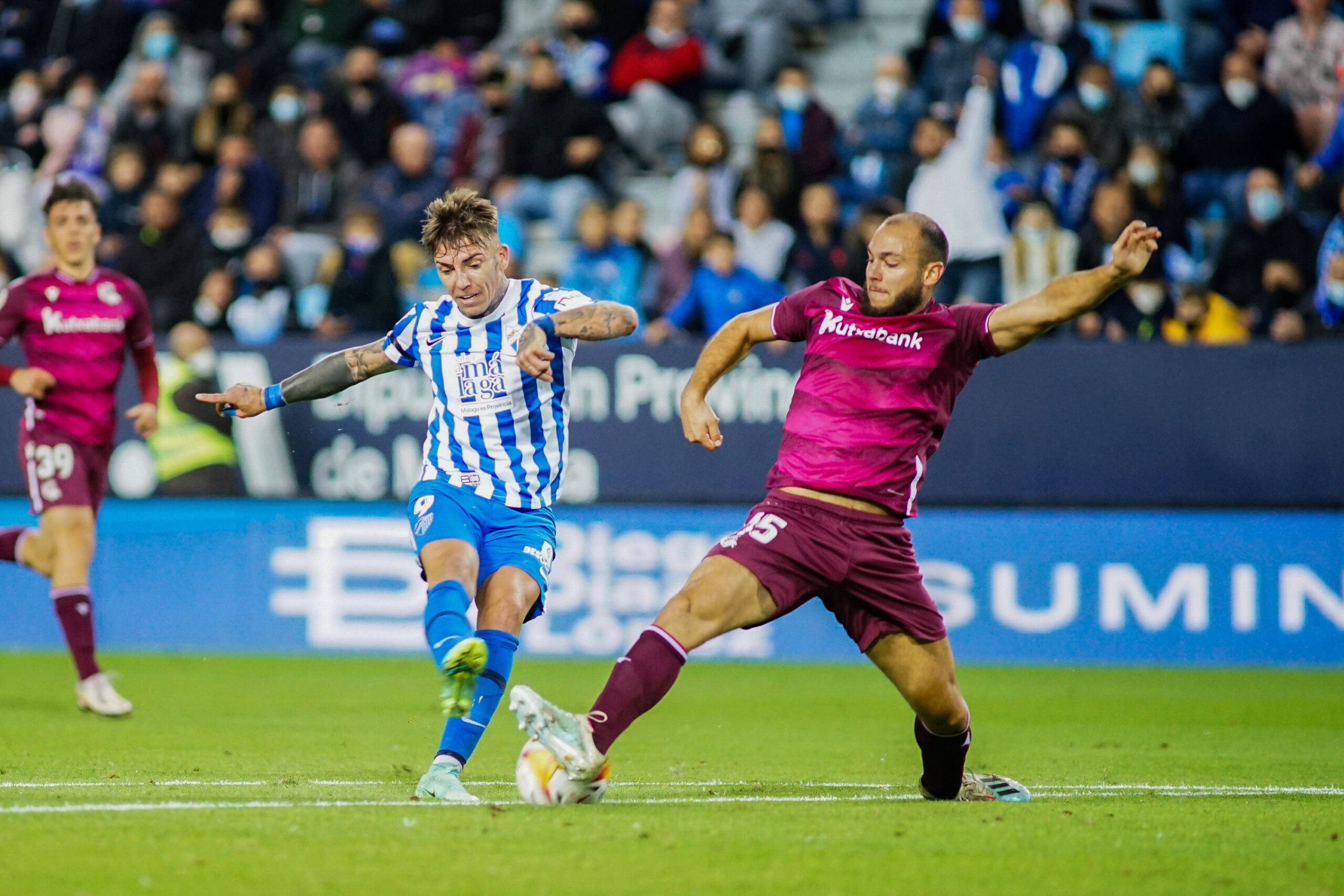 Brandon Thomas (2nd L) of Malaga CF, and Jeremy Blasco (R) of Real Sociedad B are seen in action during the La Liga Smartbank match between Malaga CF and Real Sociedad B at La Rosaleda Stadium, in Malaga
(Final Score Malaga CF 2:1 Real Sociedad B)

04.11.2021 Malaga
Pilka Nozna Liga Hiszpanska
Malaga CF - Real Sociedad B
Foto Francis Gonzalez / SOPA Images / Sipa / PressFocus 
POLAND ONLY!!