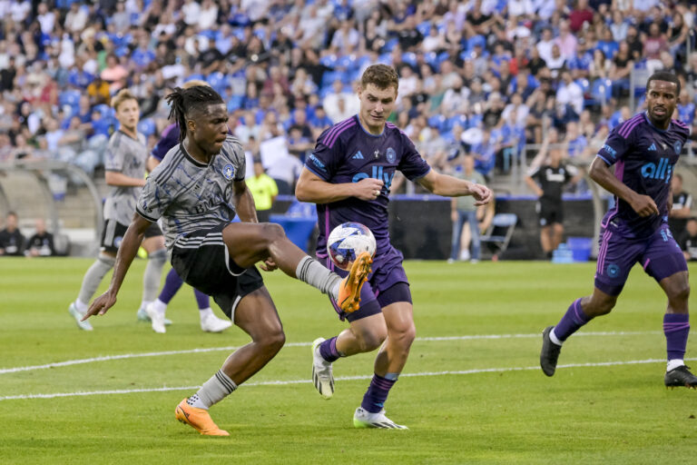 Jul 15, 2023; Montreal, Quebec, CAN; CF Montreal forward Chinonso Offor (9) kicks the ball away from Charlotte FC defender Jan Sobocinski (2) during the first half at Stade Saputo. Mandatory Credit: Eric Bolte-USA TODAY Sports/Sipa USA
2023.07.15 Montreal
pilka nozna amerykanska liga MLS
MLS: Charlotte FC at CF Montreal
Foto Eric Bolte-USA TODAY Sports/SIPA USA/PressFocus

!!! POLAND ONLY !!!