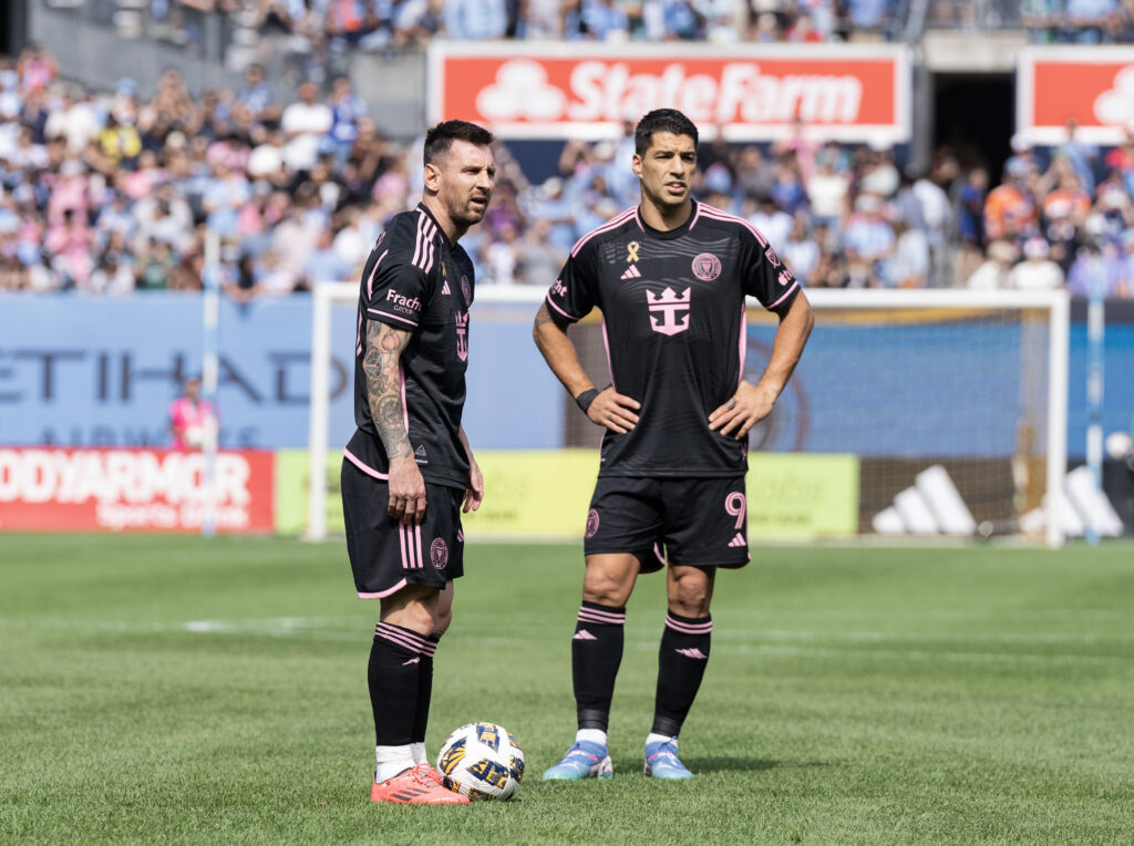 Leo Messi (10) and Luis Suarez (9) of Inter Miami CF prepare for free kick during regular MLS season match against NYCFC at Yankee stadium in New York on September 21, 2024. Game ended in a draw 1 - 1. Almost 45,000 spectators watched the game and chanted the name &#039;Messi&#039; every time he controlled the ball. (Photo by Lev Radin/Sipa USA)
2024.09.21 Nowy Jork
pilka nozna amerykanska liga MLS
New York City FC - Inter Miami CF
Foto Lev Radin/SIPA USA/PressFocus

!!! POLAND ONLY !!!