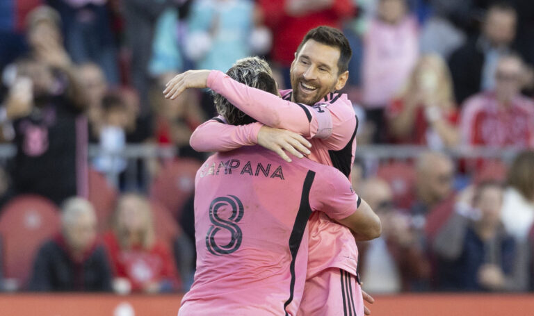 (241006) -- TORONTO, Oct. 6, 2024 (Xinhua) -- Leo Campana (Front) of Inter Miami CF celebrates scoring with teammate Lionel Messi during the 2024 Major League Soccer(MLS) match between Toronto FC and Inter Miami CF at BMO Field in Toronto, Canada, on Oct. 5, 2024. (Photo by Zou Zheng/Xinhua)

2024.10.05 Toronto
pilka nozna , liga amerykanska MLS
Toronto FC - Inter Miami CF
Foto Zou Zheng/Xinhua/PressFocus

!!! POLAND ONLY !!!
