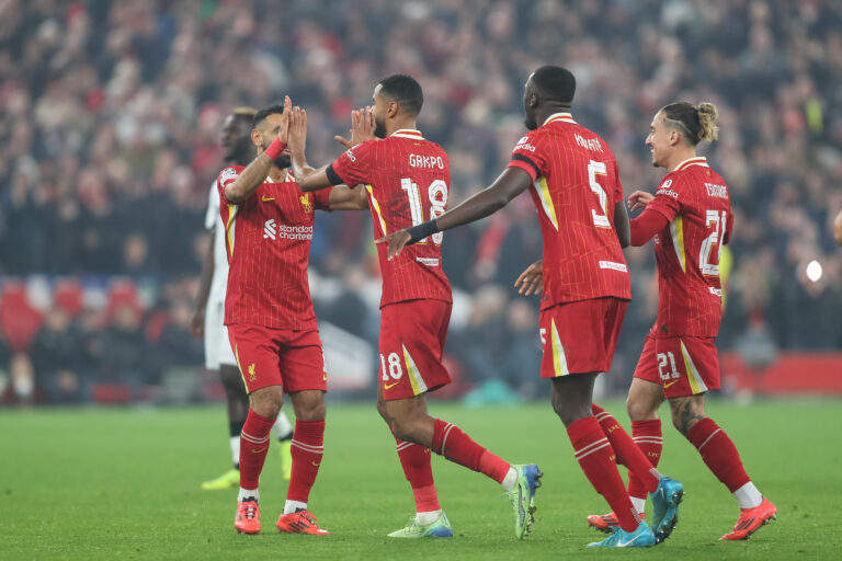 Cody Gakpo of Liverpool celebrates his goal to make it 2-0 with Mohamed Salah of Liverpool during the UEFA Champions League, League Stage match Liverpool vs Bayer 04 Leverkusen at Anfield, Liverpool, United Kingdom, 5th November 2024

(Photo by Gareth Evans/News Images) in Liverpool, United Kingdom on 11/5/2024. (Photo by Gareth Evans/News Images/Sipa USA)
2024.11.05 Liverpool
pilka nozna liga mistrzow
FC Liverpool - Bayer 04 Leverkusen
Foto Gareth Evans/News Images/SIPA USA/PressFocus

!!! POLAND ONLY !!!