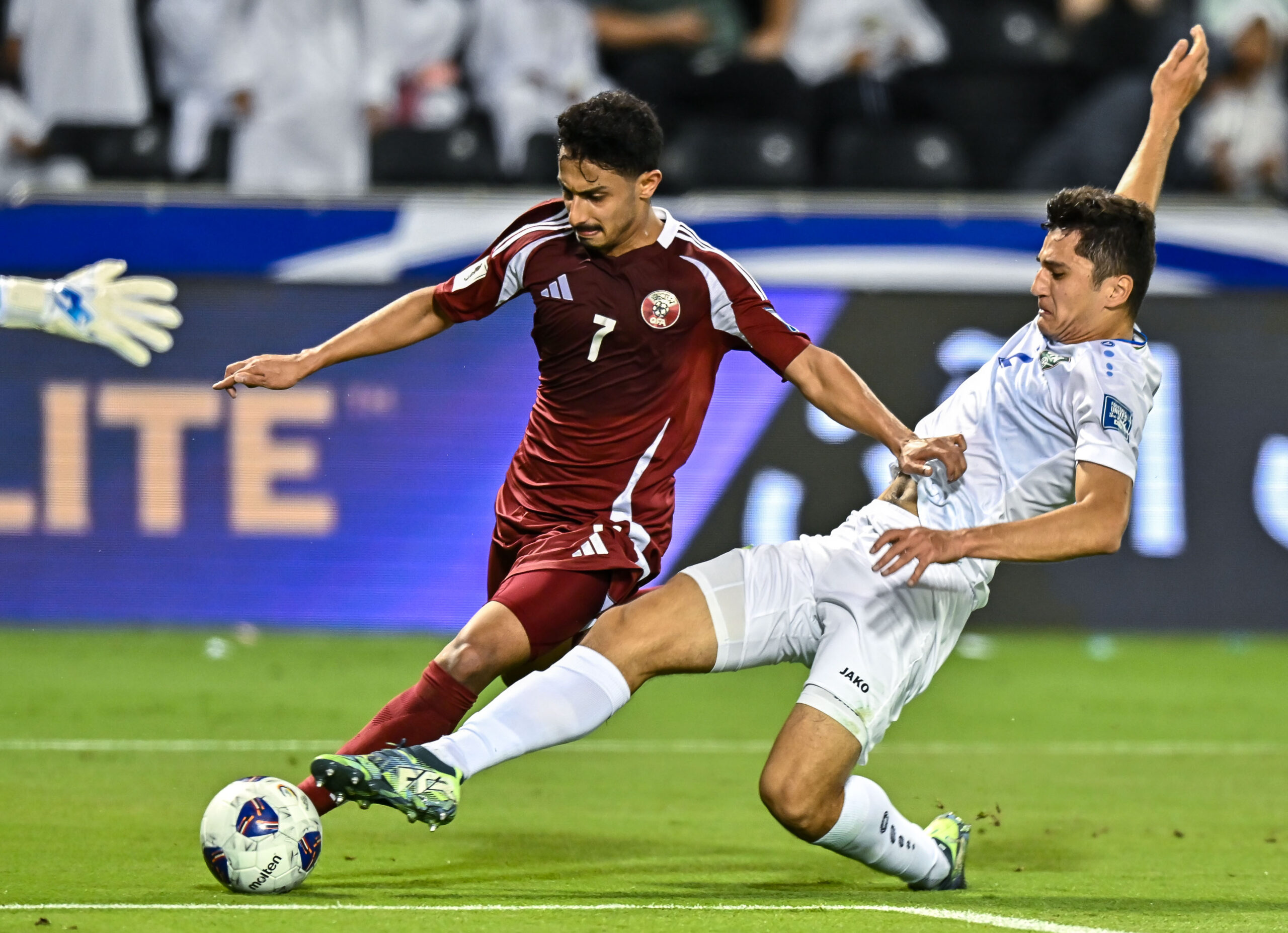 (241115) -- DOHA, Nov. 15, 2024 (Xinhua) -- Ahmed Alganehi (L) of Qatar vies with Abdukodir Khusanov of Uzbekistan during the Group A match of 2026 FIFA World Cup Asian qualifiers between Qatar and Uzbekistan at the Jassim bin Hamad Stadium in Doha, Qatar on Nov. 14, 2024. (Photo by Nikku/Xinhua)

14.11.2024 Doha
pilka nozna 
Katar - Uzbekistan
FOTO Nikku / Xinhua / PressFocus

POLAND ONLY!!