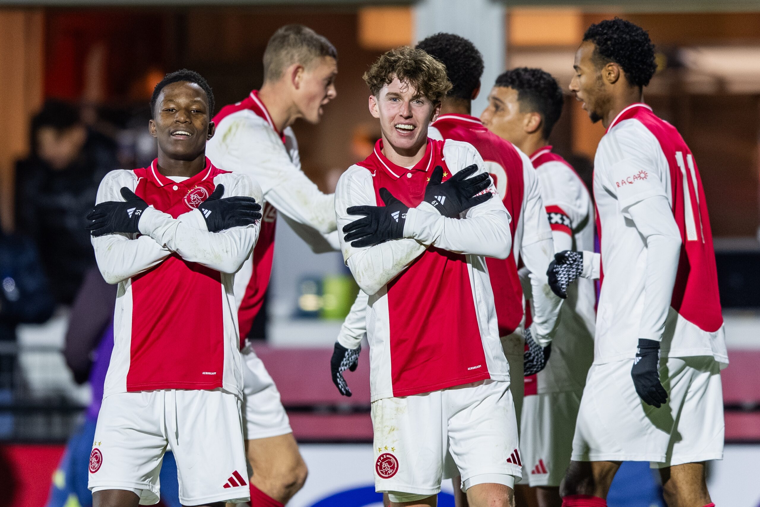 AMSTERDAM, 22-11-2024, Sportpark De Toekomst, Dutch Keuken Kampioen Divisie football, season 2024 / 2025. Match between Jong Ajax - Telstar. Jong Ajax player Jan Faberski performs a goal celebration with teammate Lucas Jetten (left), after scoring the 2-0. (Photo by Pro Shots/Sipa USA)
2024.11.22 
pilka nozna liga holenderska
Jong Ajax - SC Telstar
Foto Pro Shots Photo Agency/SIPA USA/PressFocus

!!! POLAND ONLY !!!