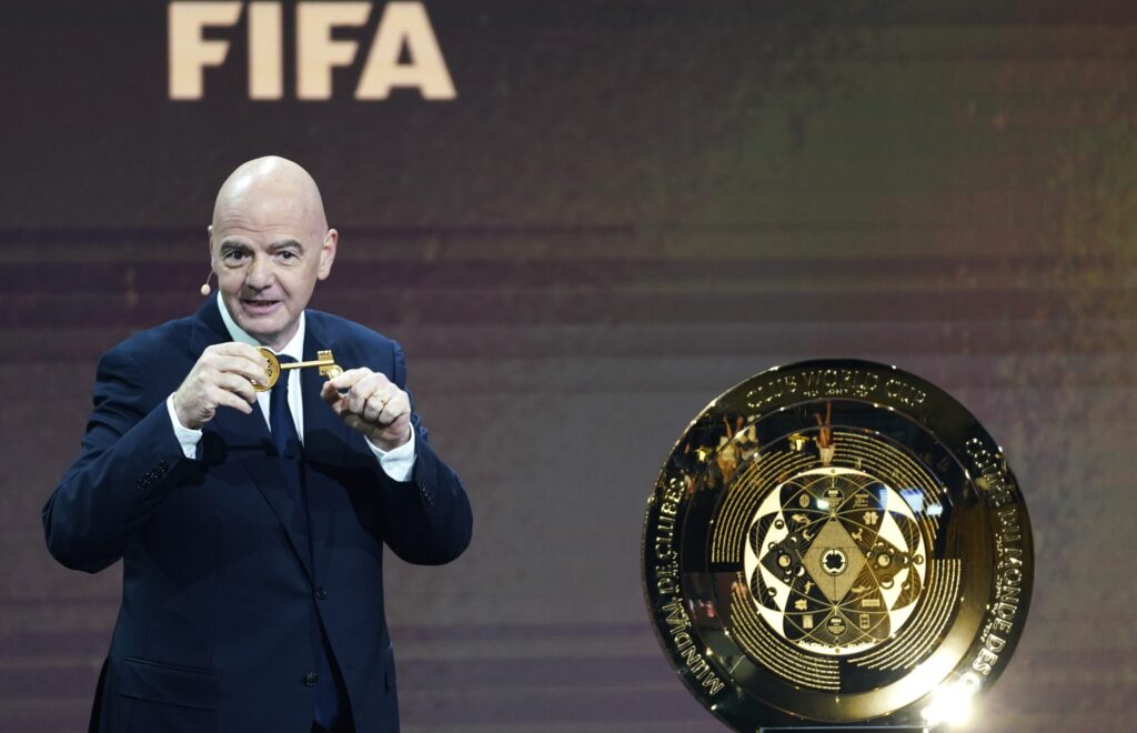 (241206) -- MIAMI, Dec. 6, 2024 (Xinhua) -- FIFA President Gianni Infantino reacts during the draw ceremony for the FIFA Club World Cup 2025 in Miami, the United States, on Dec. 5, 2024. (Xinhua/Wu Xiaoling)

2024.12.05 Miami
pilka nozna Klubow Mistrzostwa Swiata 2025
Losowanie
Foto Wu Xiaoling/Xinhua/PressFocus

!!! POLAND ONLY !!!