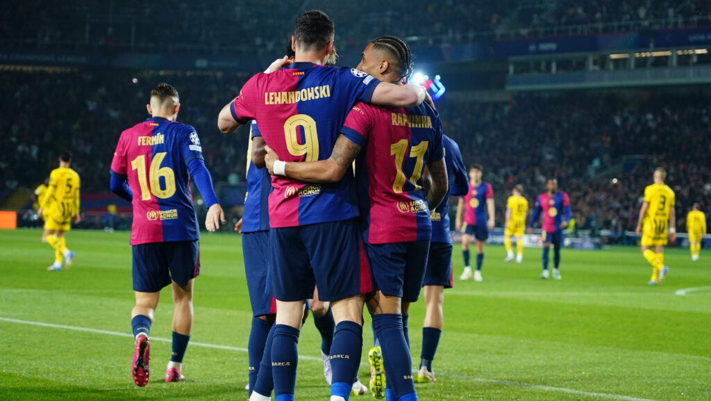 Robert Lewandowski of FC Barcelona celebrates after scoring goal with his teammates Raphael Dias Belloli Raphinha and Lamine Yamal of FC Barcelona during the UEFA Champions League match, Quarter-Finals, firs leg, between FC Barcelona and Borussia Dortmund played at Lluis Companys Stadium on April 9 2025 in Barcelona Spain. (Photo by Bagu Blanco / PRESSINPHOTO)
2025.04.10 Barcelona
pilka nozna liga Mistrzow
FC Barcelona - Borussia Dortmund
Foto pressinphoto/SIPA USA/PressFocus

!!! POLAND ONLY !!!