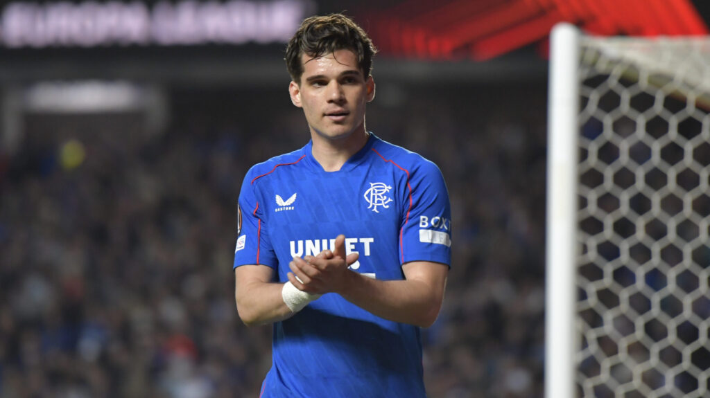 Ianis Hagi of Rangers claps fans as he comes off during the UEFA Europa League Quarter-final First Leg match at Ibrox Stadium, Glasgow
Picture by Jamie Johnston/Focus Images Ltd 07714373795
10/04/2025
2025.04.10 Glasgow
Pilka nozna liga europy
Rangers - Athletic Bilbao
Foto Jamie Johnston/Focus Images/MB Media/PressFocus

!!! POLAND ONLY !!!
