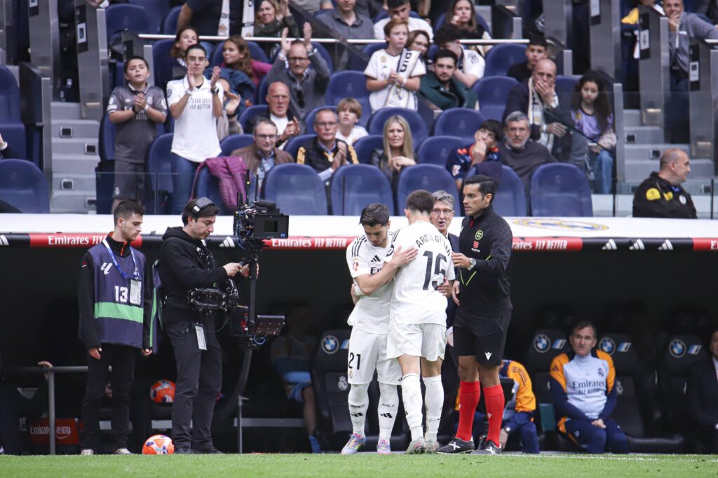 Spanish La Liga EA Sports soccer match Real Madrid vs Celta de Vigo at Santiago Bernabeu Stadium in Madrid, Spain, 04 May 2025 Arda Guler and Brahim Diaz 900/Cordon Press PUBLICATIONxNOTxINxFRAxESP 900/CordonxPress LOF - Real Madrid vs Celta
2025.05.04 Madryt
pilka nozna , liga hiszpanska
Real Madryt - Celta Vigo
Foto IMAGO/PressFocus

!!! POLAND ONLY !!!