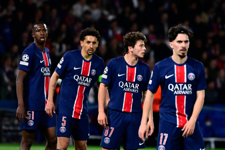 William Joel Tenorio Pacho ( 51 - PSG ) , Marquinhos ( 5 - PSG ) , Joao Pedro Goncalves Neves ( 87 - PSG ) and Vitinha Vitor Machado ( 17 - PSG ) during the UEFA Champions League match between Paris Saint Germain and Arsenal FC at Parc Des Princes on May 07 , 2025 in Paris, France. ( Photo by Dante Badano / PsnewZ ) - - Photo :   / Dante Badano / PsnewZ / SIPA /00308722_0054//Credit:PSNEWZ/SIPA/2505080045
2025.05.07 Paryz
pilka nozna liga mistrzow
PSG - Arsenal Londyn
Foto PSNEWZ/SIPA/PressFocus

!!! POLAND ONLY !!!