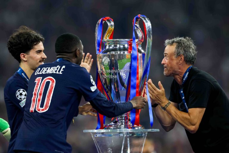 PSG Vitinha, Dembele and Luis Enrique with the trophy during the ceremony during Final - Paris Saint-Germain FC vs Inter - Internazionale, UEFA Champions League football match in Munich, Germany, May 31 2025-/ ipa-agency.net - //IPAPRESSITALY_IPA_Agency_IPA58487231/Credit:/IPA/SIPA/2506011513
01.06.2025 Munich
pilka nozna liga mistrzow
Paris Saint-Germain - Inter Mediolan
Foto /IPA/SIPA / Sipa / PressFocus
POLAND ONLY!!
