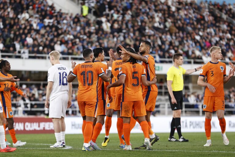 6/7/2025 - HELSINKI - (L-R) Memphis Depay of the Netherlands, Tijjani Reijnders of the Netherlands, Nathan Ake of the Netherlands, Cody Gakpo of the Netherlands celebrate 0-2 during the World Cup qualifier between Finland and the Netherlands at the Olympic Stadium on June 7, 2025 in Helsinki, Finland. ANP MAURICE VAN STEEN /ANP/Sipa USA
2025.06.07 Helsinki
pilka nozna kwalifikacje do Mistrzostw Swiata
Finlandia - Holandia
Foto ANP/SIPA USA/PressFocus
!!! POLAND ONLY !!!