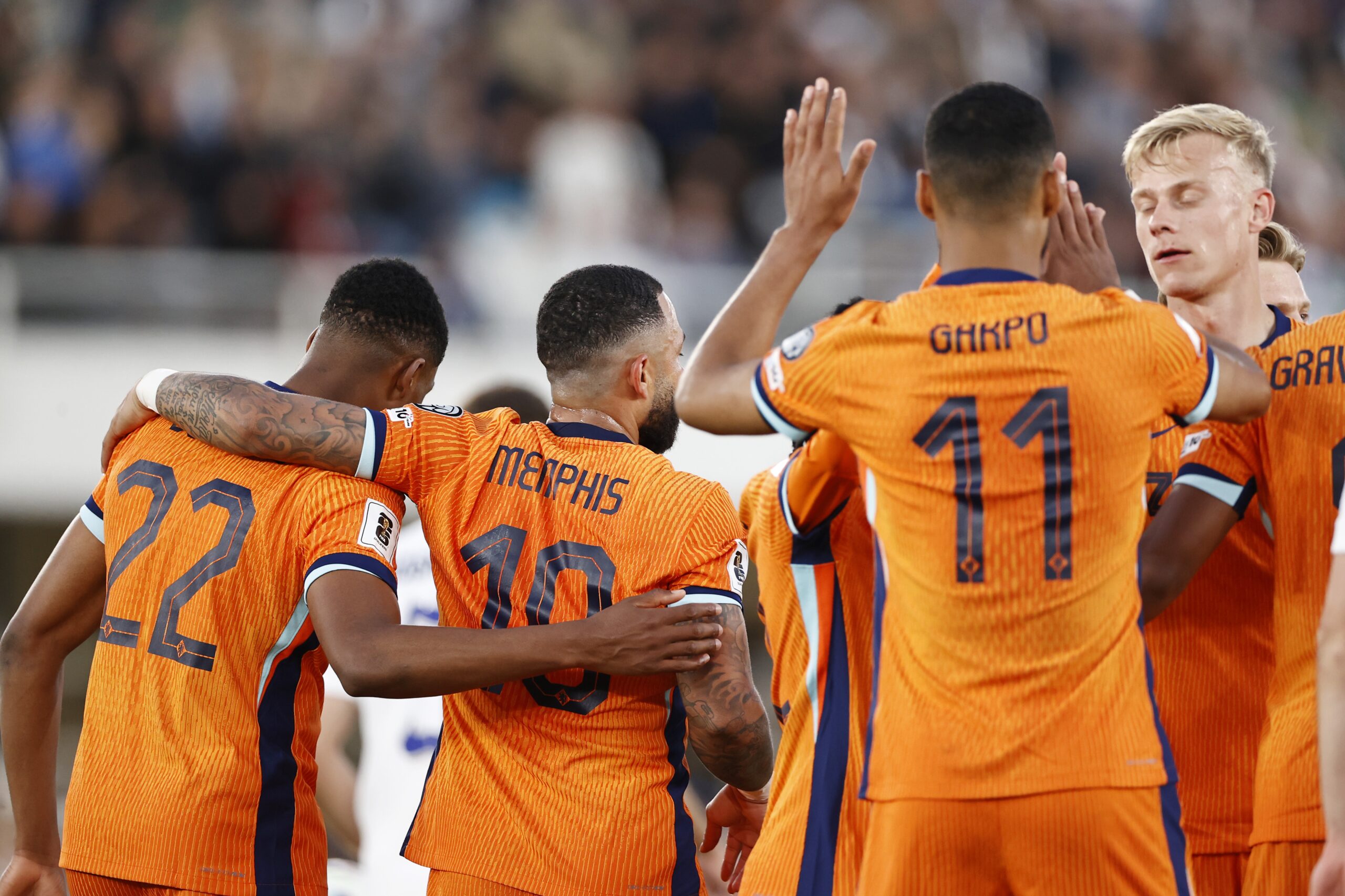 6/7/2025 - HELSINKI - (L-R) Denzel Dumfries of the Netherlands, Memphis Depay of the Netherlands, Cody Gakpo of the Netherlands, Jan Paul van Hecke of the Netherlands celebrate the 0-2 during the World Cup qualifier between Finland and the Netherlands at the Olympic Stadium on June 7, 2025 in Helsinki, Finland. ANP MAURICE VAN STEEN /ANP/Sipa USA
2025.06.07 Helsinki
pilka nozna kwalifikacje do Mistrzostw Swiata
Finlandia - Holandia
Foto ANP/SIPA USA/PressFocus

!!! POLAND ONLY !!!