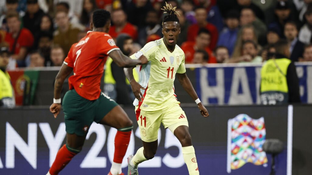 6/8/2025 - MUNCHEN - (L-R) Nelson Semedo of Portugal, Nico Williams of Spain during the UEFA Nations League final Portugal v. Spain at the Munich Football Arena on June 8, 2025 in Munich, Germany. ANP | Hollandse Hoogte | MAURICE VAN STEEN /ANP/Sipa USA
2025.06.08 Monachium
pilka nozna Liga Narodow
Portugalia - Hiszpania
Foto ANP/SIPA USA/PressFocus

!!! POLAND ONLY !!!