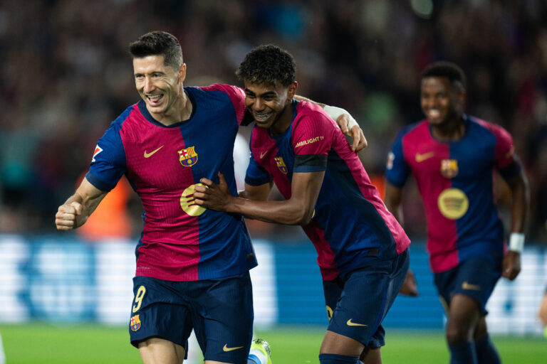 (241021) -- BARCELONA, Oct. 21, 2024 (Xinhua) -- Robert Lewandowski (L) and Lamine Yamal of FC Barcelona celebrate a goal during the La Liga football match between FC Barcelona and Sevilla FC in Barcelona, Spain, on Oct. 20, 2024 (Photo by Joan gosa/Xinhua)

2024.10.20 Barcelona
pilka nozna liga hiszpanska
FC Barcelona - Sevilla FC
Foto Joan gosa/Xinhua/PressFocus

!!! POLAND ONLY !!!