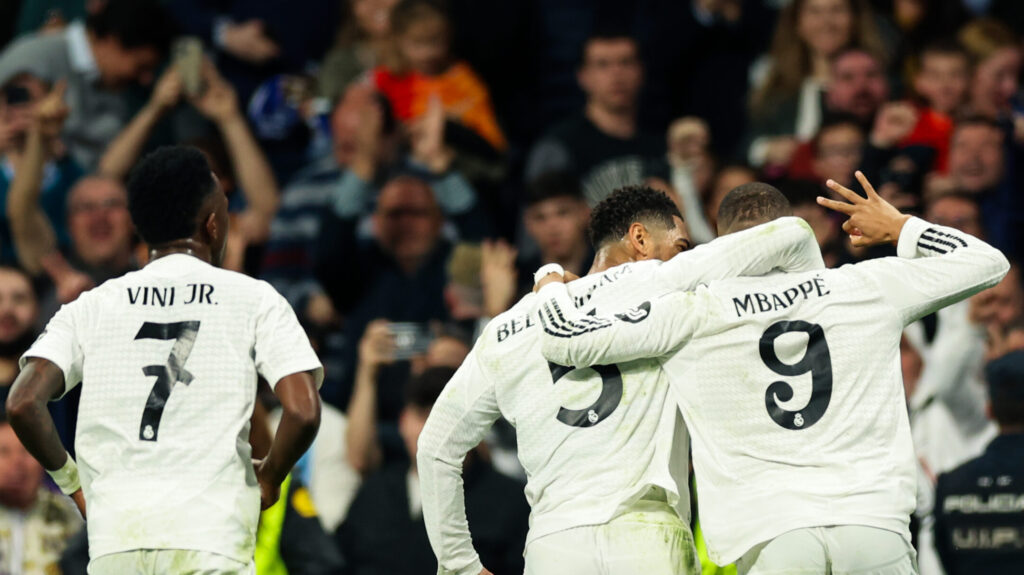 Barcelona, Spain, February 19th 2024: Kylian Mbappe of Real Madrid CF Jude Bellingham of Real Madrid CF and Vinicius Junior of Real Madrid CF celebrates after scoring  during the UEFA Champions League football match between Real Madrid CF and Manchester City FC at the Santiago Bernabeu Stadium in Madrid, Spain  (Judit Cartiel / SPP) (Photo by Judit Cartiel / SPP/Sipa USA)
2025.02.19 Madryt
pilka nozna Liga Mistrzow
Real Madryt - Manchester City
Foto SPP/SIPA USA/PressFocus

!!! POLAND ONLY !!!