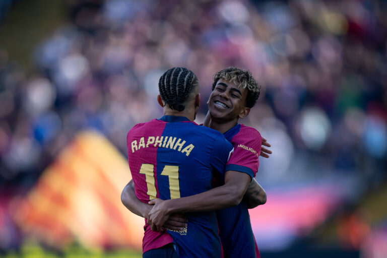 Lamine Yamal FC Barcelona, Barca and Raphael Dias Belloli Raphinha FC Barcelona celebrates during a La Liga EA Sports match between FC Barcelona and RC Celta at Estadi Olimpic Lluis Companys in Barcelona, Barcelona, Spain, on April 19 2025. Photo by Felipe Mondino *** Lamine Yamal FC Barcelona and Raphael Dias Belloli Raphinha FC Barcelona celebrate during a La Liga EA Sports match between FC Barcelona and RC Celta at Estadi Olimpic Lluis Companys in Barcelona, Barcelona, Spain, on April 19 2025 Photo by Felipe Mondino Copyright: xFELIPExMONDINOx
2025.04.19 Barcelona
pilka nozna , liga hiszpanska
FC Barcelona - Celta Vigo
Foto IMAGO/PressFocus

!!! POLAND ONLY !!!