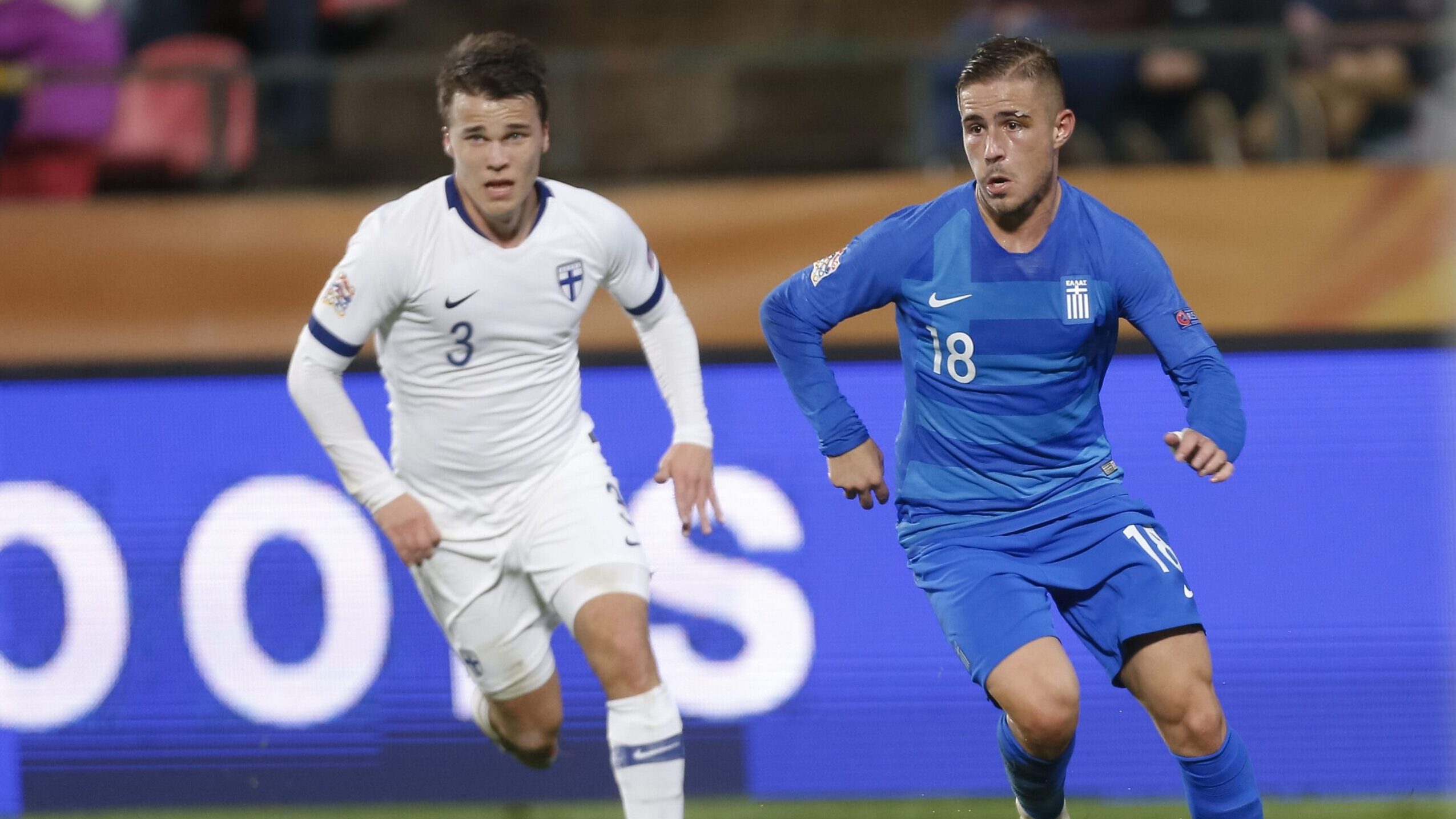 Simon Skrabb #3, FIN and Dimitris Pelkas #18, GRC  Football Uefa Nations League Finland - Greece at the Ratina Stadium 15. October 2018 in Tampere, Finland. //NEWSPIX24OY_104519/Credit:Newspix24/SIPA/1810161115
15.10.2018 Tampere
Pilka nozna
Liga Narodow 2018/2019
Finlandia - Grecja
Newspix24 / Sipa / PressFocus 
POLAND ONLY!!