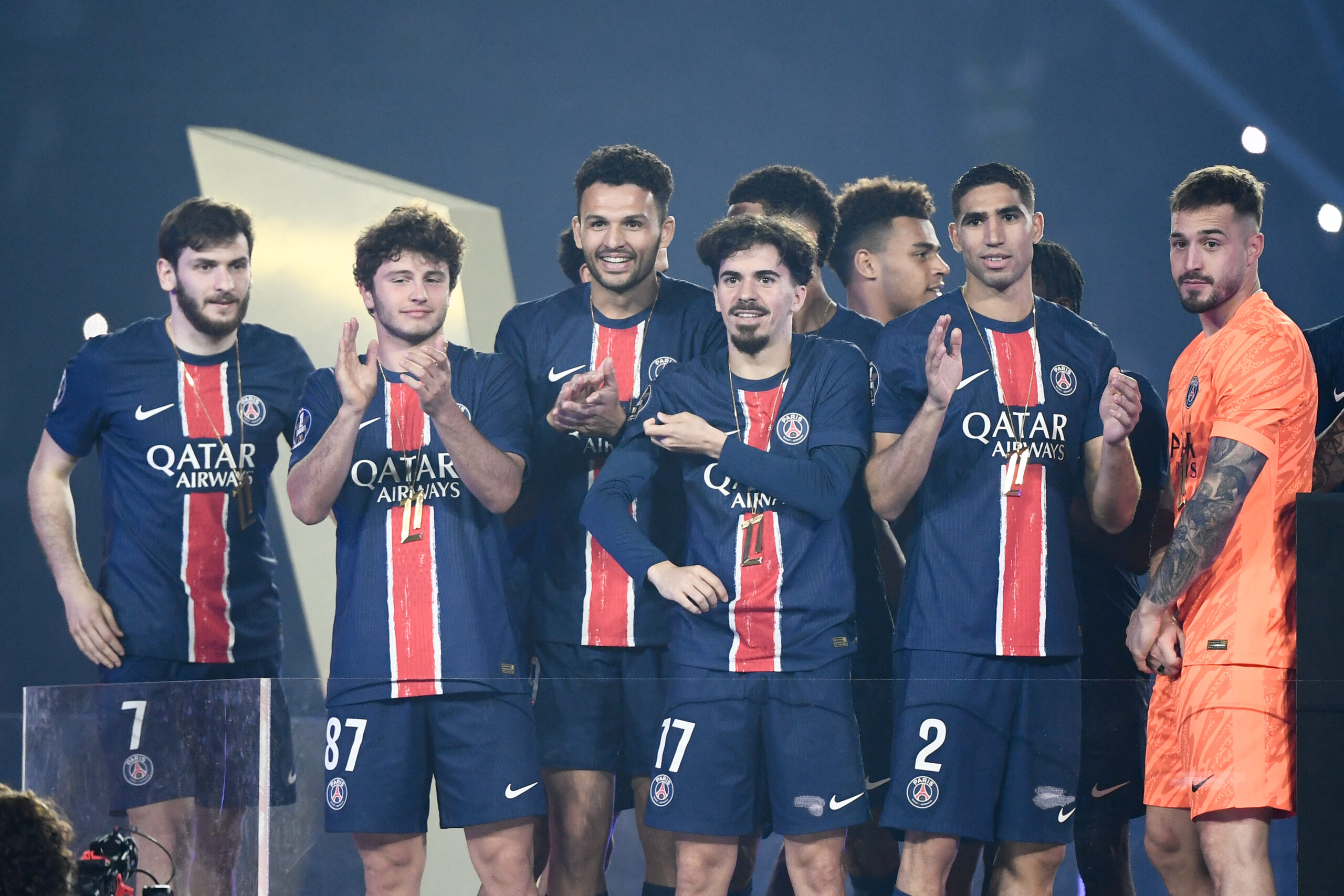07 Khvicha KVARATSKHELIA (psg) - 87 Joao NEVES (psg) - 09 Goncalo MATIAS RAMOS (psg) - 17 VITINHA (psg) - 14 Desire DOUE (psg) - 02 Achraf HAKIMI (psg) - 80 Arnau TENAS (psg) during the Ligue 1 McDonald&#039;s match between Paris and Auxerre on May 17, 2025 at Parc des Princes in Paris, France. (Photo by Philippe Lecoeur/FEP/Icon Sport/Sipa USA)
2025.05.17 Paryz
pilka nozna liga francuska
PSG - AJ Auxerre
Foto Icon Sport/SIPA USA/PressFocus

!!! POLAND ONLY !!!