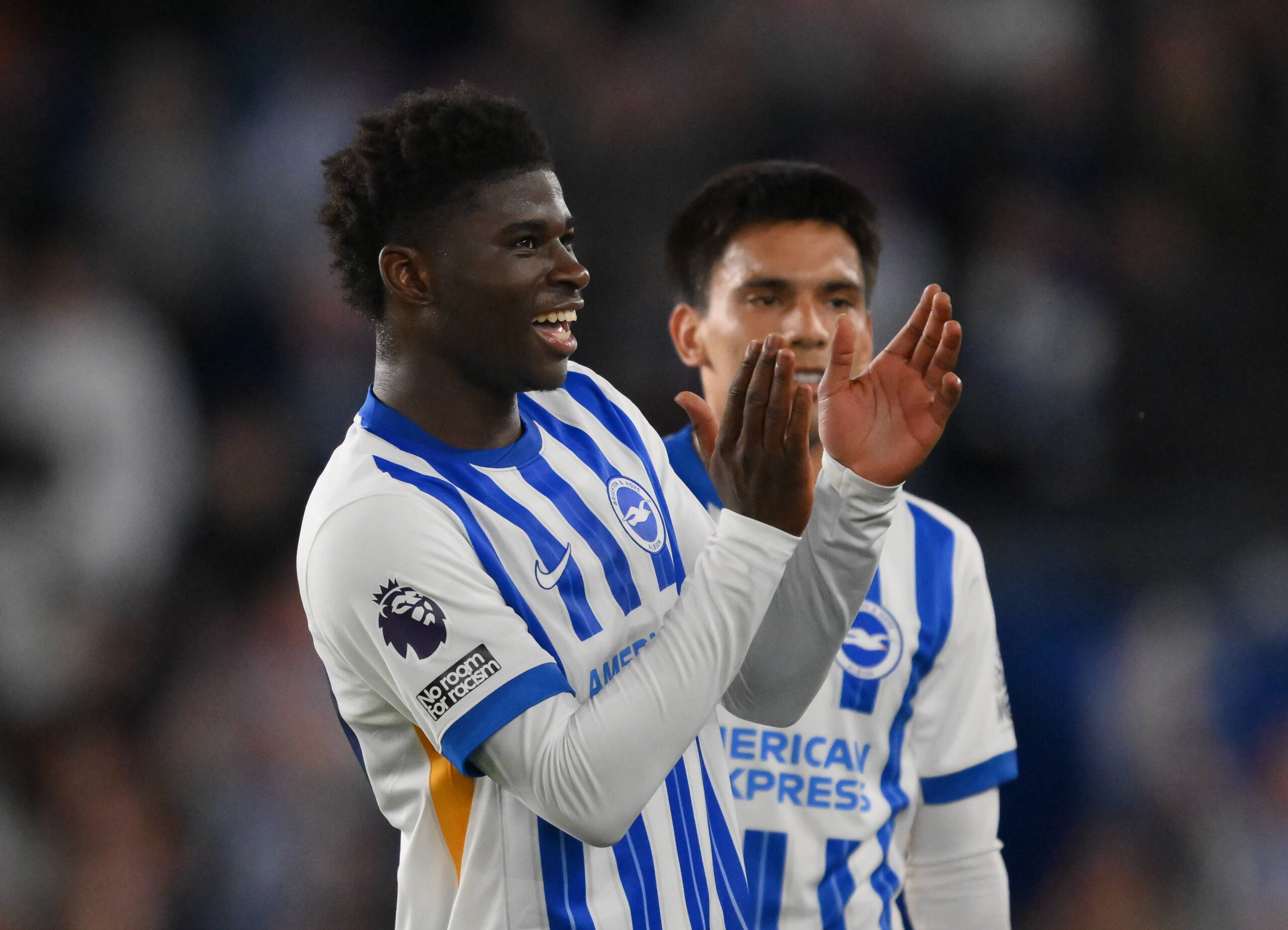 Football - 2024 / 2025 Premier League - Brighton &amp; Hove Albion vs Liverpool - Amex stadium - Monday 19th May 2025. Brighton &amp; Hove Albion s Carlos Baleba celebrates at the final whistle. COLORSPORT / Ashley Western PUBLICATIONxNOTxINxUK
2025.05.19 Brighton
pilka nozna , liga angielska
Brighton and Hove Albion - FC Liverpool
Foto IMAGO/PressFocus

!!! POLAND ONLY !!!