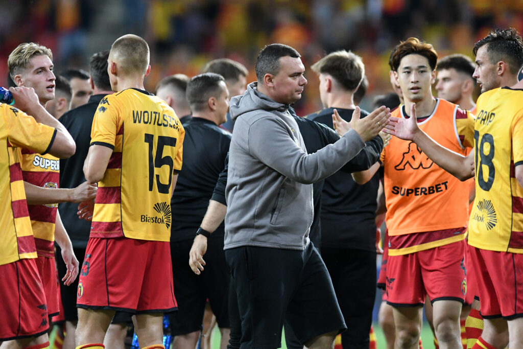 2025.07.31 Bialystok pilka nozna 2. runda eliminacji Liga Konferencji Europy 2025/2026 Jagiellonia Bialystok (zolto-czerwone) - FK Novi Pazar N/z koniec meczu (L-P) Alejandro Cantero Norbert Wojtuszek Adrian Siemieniec trener Jagiellonii Bialystok Yuki Kobayashi Bartlomiej Wdowik Foto Michal Kosc / PressFocus 
2025.07.31 Bialystok Bialystok Football - UEFA Conference League Second qualifying round - 2nd leg 2025/2026 Jagiellonia Bialystok (yellow-red) - FK Novi Pazar Credit: Michal Kosc / PressFocus